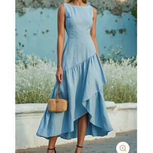 Linen Vibes Cinderella Blue Cotton Ruffle French Vintage Cotton Dress Size M